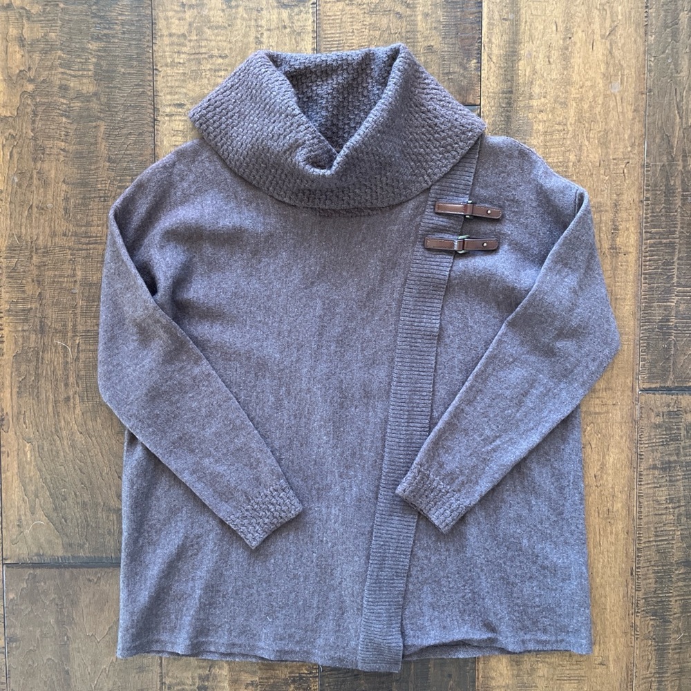 Ellen Tracy merino wool blend brown cowl neck swing sweater with side buckle